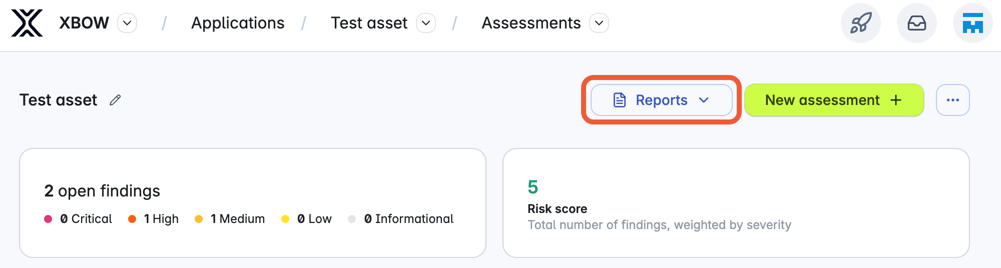 Screenshot of an asset page with the "Reports" button outlined in orange.